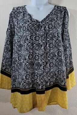Cato Black White Yellow Floral Print Cold Shoulder Top Large Lightweight Flowy
